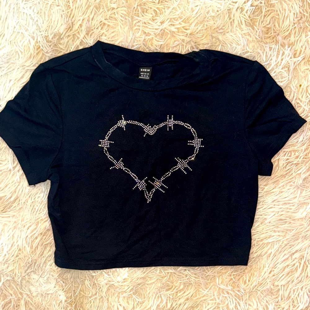 SHEIN Black Rhinestone Heart Crop Top - Girls XL